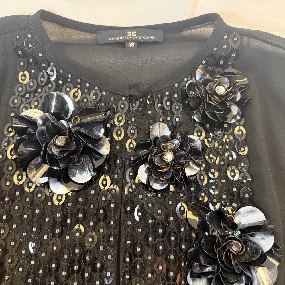 Elisabetta Franchi Celyn B black sheer blouse puffed sleeve sequined top 46 - Picture 7 of 11